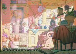  1girl absurdly_detailed_composition absurdres apple aqua_hair book book_on_lap bottle brick_wall broom bucket buttons cabinet chair closed_mouth curtains drawer floral_print_wall flower food frilled_shirt frilled_skirt frilled_sleeves frills fruit frying_pan glass_bottle grid_print hand_on_lap highres indoors industrial_pipe jar jjythkn99 kitchen lamp loaded_interior long_skirt long_sleeves mature_female medium_hair morning open_book orange_skirt original ornate parted_lips pink_flower pink_socks placemat plant plate pom_pom_(clothes) potted_plant red_flower red_rose rocking_chair rose rug sandals shirt shirt_tucked_in sidelighting sitting skirt sleeping sleeping_upright socks solo spoon stove sunlight table tablecloth tile_floor tiles vase vegetable wall_lamp wallpaper_(object) white_flower white_shirt wide_shot window wooden_floor wooden_fork wooden_spoon 
