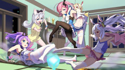 5girls absurdres amigo_(hua_cao) animal_ears ascot ayanami_(azur_lane) ayanami_(retrofit)_(azur_lane) azur_lane bare_shoulders black_bow black_ribbon black_socks blue_dress blue_skirt bow breasts bridal_gauntlets camisole cat_ears collarbone commentary_request crop_top crop_top_overhang cube dress elbow_gloves fingerless_gloves gloves green_eyes hair_bow hair_ornament hair_ribbon hairband hammann_(azur_lane) headgear high_ponytail highres indoors jacket javelin_(azur_lane) kneehighs laffey_(azur_lane) light_brown_hair long_hair medium_breasts midriff multiple_girls navel night night_sky no_shoes open_clothes open_jacket panties panties_under_pantyhose pantyhose pink_jacket pleated_skirt ponytail purple_eyes purple_hair rabbit_ears red_eyes red_hairband red_skirt ribbon saratoga_(azur_lane) shirt short_sleeves silver_hair single_bridal_gauntlet single_kneehigh single_sock single_thighhigh skirt sky sleeveless sleeveless_dress sleeveless_shirt sliding socks striped_clothes striped_panties thighband_pantyhose thighhighs twintails underboob underwear very_long_hair whistle whistle_around_neck white_camisole white_gloves white_legwear white_shirt white_skirt window wisdom_cube_(azur_lane) yellow_ascot yellow_shirt rating:Sensitive score:20 user:danbooru