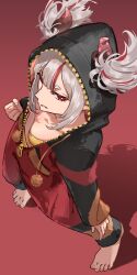  1girl alternate_color cosplay from_above full_body grey_hair han_juri han_juri_(cosplay) highres hood hood_up hoodie multicolored_hair naraka_(nijisanji) nijisanji red_background red_eyes red_hair shin_toro solo standing streaked_hair street_fighter street_fighter_6 two-tone_hair virtual_youtuber 