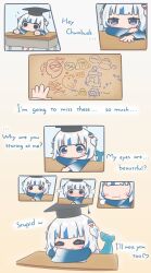  1girl :t =_= ^_^ absurdres ai_ai_gasa anger_vein bloop_(gawr_gura) blue_eyes blue_hair blush blush_stickers bubba_(watson_amelia) closed_eyes cookie death-sensei_(mori_calliope) desk ebi-chan_(gawr_gura) embarrassed english_text fins fish_tail food gawr_gura gawr_gura_(1st_costume) hair_ornament halo hat highres hololive hololive_english kotori_(takanashi_kiara) math medium_hair mortarboard mpien multicolored_hair polearm school_desk scythe shark_hair_ornament shark_tail smile smol_ame solo stitches streaked_hair tail takodachi_(ninomae_ina&#039;nis) trident two_side_up virtual_youtuber watson_amelia weapon white_hair 