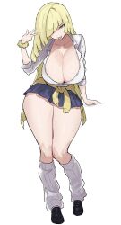  1girl :p alternate_costume arm_at_side black_shoes blonde_hair blue_skirt blunt_ends breasts cardigan cardigan_around_waist cleavage closed_mouth clothes_around_waist collarbone collared_shirt commentary_request diagonal_bangs fingernails full_body green_eyes gyaru hair_over_one_eye hand_up highres huge_breasts kneehighs knees_together_feet_apart kogal loafers long_hair looking_at_viewer loose_socks lusamine_(pokemon) miniskirt nail_polish nintendo one_eye_covered peace_peace009 pink_nails pleated_skirt pokemon pokemon_sm ribbed_socks school_uniform scrunchie shirt shoes simple_background skirt smile socks solo standing thighs three-quarter_sleeves tongue tongue_out very_long_hair w white_background white_shirt white_socks wrist_scrunchie yellow_cardigan yellow_scrunchie 