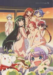  6+girls absurdres ai_(popotan) ass blue_eyes blush blush_stickers clover_hair_ornament double_bun fang green_eyes green_hair hair_bun hair_ornament highres huge_filesize konami_(popotan) loli long_hair looking_at_viewer mai_(popotan) maid_headdress mea_(popotan) mii_(popotan) multiple_girls nono_(popotan) nude onsen popotan purple_hair red_eyes red_hair shizuku_(popotan) short_hair sitting smile standing twintails unagi_(popotan) very_long_hair watanabe_akio white_eyes white_hair wing_hair_ornament  rating:Questionable score:27 user:coyam