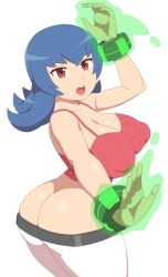 1girl ass ass_focus belt blue_hair breasts butt_crack cleavage covered_erect_nipples crop_top energy huge_ass kabeume large_breasts lowleg midriff nintendo open_mouth pants pink_eyes pokemon pokemon_hgss psychic sabrina_(pokemon) shiny_skin sleeveless white_background white_pants wide_hips wrist_cuffs rating:Questionable score:51 user:S0meL0stBarc0de