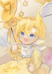  1boy aged_down blonde_hair blue_eyes blush child hair_between_eyes highres holding idolish7 long_hair looking_at_viewer male_focus open_mouth puffy_sleeves rokuya_nagi short_hair smile solo  rating:General score:2 user:danbooru