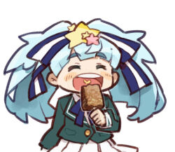  1girl :d ^_^ blue_bow blue_hair blush_stickers bow chibi closed_eyes collared_shirt facing_viewer food food_request hair_bow hair_ornament heart heart_in_mouth holding holding_food hoshikawa_lily itsuki_tasuku long_hair open_mouth pleated_skirt round_teeth shirt simple_background skirt smile solo star_(symbol) star_hair_ornament striped_bow teeth twintails upper_teeth_only very_long_hair white_background white_shirt white_skirt zombie_land_saga 