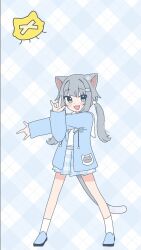  1girl :d \m/ amashiro_natsuki animal_ears blue_eyes blue_jacket blue_shoes blue_skirt blush_stickers cat_ears cat_girl cat_tail commentary_request crossed_arms drawstring grey_hair hair_ornament indie_virtual_youtuber jacket long_hair long_sleeves looking_at_viewer nachoneko open_clothes open_jacket open_mouth plaid_background plaid_clothes plaid_skirt pleated_skirt shirt shoes skirt smile socks solo standing tail twintails very_long_hair virtual_youtuber white_shirt white_socks 