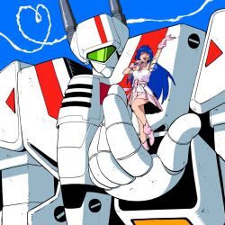  1girl arm_up closed_eyes drawn_cloud heart highres holding holding_microphone kawoshiki lynn_minmay macross macross:_do_you_remember_love? mecha microphone music open_mouth robot singing solo vf-1j 