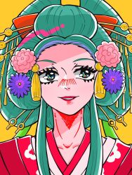  1girl aqua_hair close-up commentary_request eyelashes flower hair_flower hair_ornament highres japanese_clothes kimono kouzuki_hiyori looking_at_viewer nihongami oiran one_piece red_kimono red_lips sanji0214ace simple_background smile solo yellow_background 