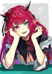 1girl absurdres alternate_costume blue_eyes breasts cleavage fangs heterochromia highres hololive hololive_english iris_(tb33064667) irys_(hololive) long_hair multicolored_hair parted_lips pointy_ears purple_eyes purple_hair red_hair smile solo star-shaped_pupils star_(symbol) streaked_hair symbol-shaped_pupils two-tone_hair upper_body virtual_youtuber 