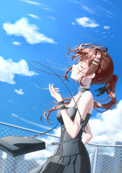 1girl absurdres aircraft airplane arm_up bag belt belt_collar bird black_bag black_belt black_dress blue_sky brown_hair building chain-link_fence chinese_commentary cigarette closed_eyes cloud collar collarbone commentary_request contrail cowboy_shot cross cross_necklace dress fence from_side hair_ornament hairclip highres holding holding_cigarette jewelry long_hair minakami_yuki necklace on_rooftop outdoors parallel_hairclips parted_lips ponytail revision s197 shoulder_bag sidelocks signature sky smoking solo subarashiki_hibi sundress wind 