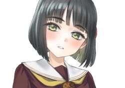  1girl absurdres black_hair blunt_bangs blunt_ends bob_cut brown_dress commentary dress hasu_no_sora_school_uniform highres link!_like!_love_live! looking_at_viewer love_live! momose_ginko neckerchief parted_lips ponyou1030 portrait sailor_collar sailor_dress school_uniform short_hair simple_background solo virtual_youtuber white_background white_sailor_collar winter_uniform yellow_neckerchief 