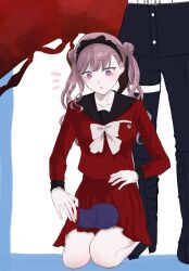 1boy 1girl animal_on_lap blue_border border cat cat_on_lap female_focus fingernails kneeling last_defense_academy_school_uniform long_hair long_sleeves matching_hair/eyes pink_eyes pink_hair pleated_skirt red_skirt skirt the_hundred_line_-last_defense_academy- tsukumo_kako twintails white_background