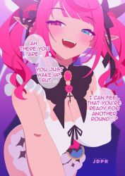  1girl apron bare_shoulders black_horns blue_eyes blush breasts cleavage covered_erect_nipples cowboy_shot heterochromia hololive hololive_english horns irys_(hololive) jdpr large_breasts long_hair looking_at_viewer multicolored_hair naked_apron open_mouth pointy_ears purple_eyes purple_hair red_hair smile solo streaked_hair twintails two-tone_hair virtual_youtuber white_apron 