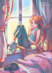  1girl absurdres animal artist_name bare_shoulders bed bishoujo_senshi_sailor_moon bishoujo_senshi_sailor_moon_crystal black_cat blanket blonde_hair blue_eyes blue_pants blue_shirt cat cellphone commentary covering_own_mouth crescent crescent_facial_mark curtains double_bun dusk facial_mark full_body hair_bun highres holding holding_phone leofoxart long_hair looking_to_the_side luna_(sailor_moon) pants phone shirt shoes sitting sitting_in_window sleeping sleeveless sleeveless_shirt smartphone sneakers tsukino_usagi turtleneck turtleneck_shirt twintails very_long_hair white_footwear window 