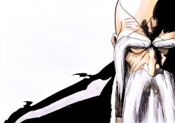  1boy alpen_no_koyari bald beard black_kimono bleach bleach:_sennen_kessen-hen closed_mouth commentary cross_scar facial_hair highres japanese_clothes kimono kubo_tite_(style) long_beard long_eyebrows looking_at_viewer male_focus mustache nose official_style old old_man portrait red_eyes scar scar_on_face scar_on_forehead serious simple_background solo straight-on sunken_cheeks thick_eyebrows tsurime white_background yamamoto-genryuusai_shigekuni 