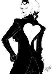  1girl 2024 artist_name ass back back_cutout backboob black_coat black_pants bow breasts clothing_cutout coat commentary falcoon female_focus from_behind gloves hair_over_eyes hand_on_own_hip heart_cutout high_collar large_breasts lipstick long_sleeves looking_to_the_side makeup monochrome pants shermie_(kof) short_hair simple_background smile snk solo sunglasses_on_head the_king_of_fighters white_background 