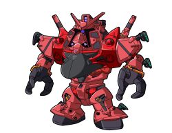  absurdres claws gundam gundam_gquuuuuux highres mecha mecha_focus mobile_suit no_humans one-eyed parody purple_eyes red_gundam reprilo_channel robot science_fiction simple_background v-fin weapon white_background zeon zock 