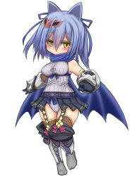  animal_ears bare_shoulders blue_hair breasts delucky_alma emil_chronicle_online fishnet_thighhighs fishnets garter_belt hand_guard highres large_breasts miniskirt plump rafoll showgirl_skirt skirt striped_clothes thighhighs white_background wings yellow_eyes 