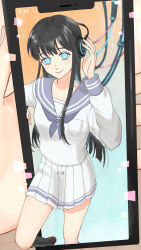  1girl ai_(shining_nikki) black_hair black_socks blue_eyes blue_neckerchief blue_sailor_collar breast_pocket brown_shoes cable cellphone closed_mouth collarbone fantasy_of_the_sky_(shining_nikki) foot_out_of_frame fourth_wall hand_on_headphones happy headphones highres holding holding_phone knee_up kneehighs kohanai_setsuna light_blush lipstick loafers long_hair long_sidelocks long_sleeves makeup miniskirt neckerchief nikki_(series) nostrils notice_lines phone pink_lips pleated_skirt pocket puffy_long_sleeves puffy_sleeves sailor_collar school_uniform serafuku shining_nikki shirt shoes sidelocks skirt skirt_set smartphone smile socks solo_focus timestamp very_long_hair white_serafuku white_shirt white_skirt 