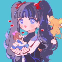  2girls alternate_hairstyle apron aqua_background black_hair black_shirt blue_dress bow brown_hair cardcaptor_sakura commentary daidouji_tomoyo dress hair_bow heart holding holding_mini_person kero_(cardcaptor_sakura) kinomoto_sakura kinomoto_sakura_(princess_dreams) long_hair mini_person multiple_girls pink_bow reed sailor_collar school_uniform shirt short_hair simple_background symbol-only_commentary tomoeda_elementary_school_uniform twintails white_apron white_sailor_collar 