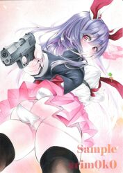 1girl absurdres animal_ears arim0k0 artist_name ass black_thighhighs blush breasts commentary frilled_skirt frills gun handgun highres holding holding_gun holding_weapon long_hair looking_at_viewer looking_back marker_(medium) necktie panties pink_background pink_skirt purple_hair rabbit_ears rabbit_girl rabbit_tail red_eyes red_necktie reisen_udongein_inaba sample_watermark shirt skirt solo tail thighhighs touhou traditional_media underwear v-shaped_eyebrows walther walther_p99 watermark weapon white_panties white_shirt