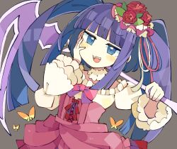  1girl :3 baron_(x5qgeh) blue_eyes blue_hair blush_stickers bug butterfly choker commentary commission corset cowboy_shot fangs flower furudo_erika grey_background hand_on_own_cheek hand_on_own_face hat hat_flower holding holding_scythe insect long_hair long_sleeves mini_hat open_mouth pink_corset pink_hat pink_skirt pixiv_commission red_flower red_ribbon red_rose ribbon rose scythe shirt sidelocks simple_background skirt smile solo twintails umineko_no_naku_koro_ni white_choker white_shirt wide_sleeves 