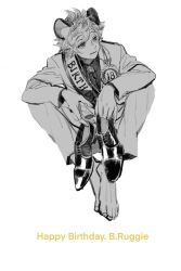  1boy award_ribbon bad_id bad_twitter_id barefoot bolo_tie character_name collared_shirt cowlick dress_shoes edtwsta elbows_on_knees english_text expressionless formal_clothes full_body hair_between_eyes happy_birthday highres holding holding_shoes hyena_boy hyena_ears jitome knees_apart_feet_together knees_up lapel_pin lapels long_sleeves looking_to_the_side male_focus no_socks peaked_lapels raised_eyebrows ruggie_bucchi sash shirt shoes short_hair shoulder_sash simple_background sitting solo spiked_hair suit twisted_wonderland unworn_shoes white_background 