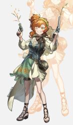  1girl blue_vest brown_sandals crucible dual_wielding full_body green_hairband grey_background grin gun hairband handgun hands_up hat hat_on_back highres holding holding_gun holding_weapon holster legs_apart looking_at_viewer lopera_(reverse:1999) miniskirt mossi_(mossi0816) one_eye_closed orange_eyes orange_hair reverse:1999 revolver sandals shirt shoulder_holster side_ponytail skirt smile solo standing straw_hat streamers teeth twitter_username vest weapon white_shirt white_skirt zoom_layer 