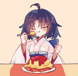  1girl ahoge black_hair blue_sash blush closed_eyes commentary eating fate/grand_order fate_(series) food highres holding holding_spoon japanese_clothes kara_no_kyoukai kimono matecharon ryougi_shiki sash short_hair smile solo spoon void_shiki white_kimono 