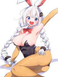  1girl absurdres animal_ears arm_up armpits blue_eyes blush bow bowtie braid breasts cleavage commentary_request detached_collar elbow_gloves eyelashes fingerless_gloves gloves hair_ornament hand_on_ground hibikisan highres kizuna_akari large_breasts leotard long_hair looking_at_viewer open_mouth pantyhose partial_commentary playboy_bunny rabbit_ears red_bow red_bowtie shadow simple_background smile solo teeth twin_braids twintails upper_teeth_only very_long_hair voiceroid white_background white_hair 
