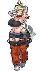  1girl absurdres alternate_breast_size armpits arms_behind_head axe battle_axe belt black_shirt black_shorts blonde_hair blush breasts cleavage covered_erect_nipples crop_top detached_pants detached_sleeves full_body goggles goggles_around_neck green_eyes hair_bun hair_ornament highres holding holding_axe holding_weapon large_breasts long_hair midriff mold_(pixiv6616319) navel one_eye_closed open_mouth pants piper_wheel red_pants shirt shoes shorts simple_background single_hair_bun sleepy solo standing sweat thick_thighs thighs torn_clothes unworn_eyewear weapon white_background white_shoes white_sleeves wide_sleeves yawning zenless_zone_zero 