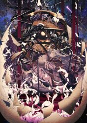  1girl barefoot braid closed_eyes commentary dress edoya_inuhachi egg feathers full_body girl_(tenshi_no_tamago) highres long_hair long_sleeves open_mouth skeleton skirt tenshi_no_tamago_(anime) very_long_hair white_hair 