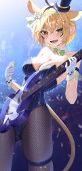  1girl :d absurdres ahoge arm_strap bare_shoulders black_hair black_pantyhose blonde_hair blue_hat blue_leotard bow bowtie breasts cleavage collarbone commentary crossed_bangs detached_collar dooby_(vtuber) double-parted_bangs electric_guitar extra_ears facial_mark fishnet_pantyhose fishnets gloves green_bow green_bowtie green_eyes green_hairband guitar hair_between_eyes hairband hat highres holding holding_guitar holding_instrument holding_plectrum indie_virtual_youtuber instrument large_breasts leotard looking_at_viewer mini_hat mini_top_hat mouse_girl mouse_tail multicolored_hair official_alternate_costume open_mouth pantyhose playboy_bunny plectrum short_hair smile solo strapless strapless_leotard streaked_hair striped_clothes striped_leotard tail thigh_strap tilted_headwear top_hat traditional_bowtie vertical-striped_clothes vertical-striped_leotard virtual_youtuber white_gloves yubbiidraw 