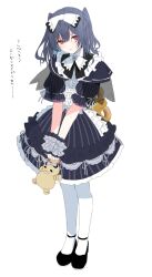  1girl black_dress blue_hair blush bow commentary dress frilled_dress frills full_body hair_bow hair_ornament idolmaster idolmaster_shiny_colors lace lace-trimmed_dress lace_trim looking_at_viewer medium_hair morino_rinze pantyhose parted_lips red_eyes short_sleeves shotan simple_background solo standing twintails white_background white_bow white_pantyhose winding_key wrist_cuffs 