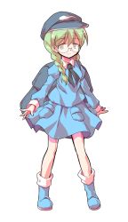  1girl alphes_(style) backpack bag blue_boots blue_hat blue_shirt blue_skirt boots braid closed_mouth collared_shirt dairi female_focus full_body glasses_kappa green_eyes green_hair hair_between_eyes hair_over_shoulder hair_tie hat kappa_mob_(touhou) legs_apart long_hair long_sleeves miniskirt parody round_eyewear rounded_corners semi-rimless_eyewear shirt simple_background skirt smile solo standing style_parody tachi-e touhou transparent_background twin_braids under-rim_eyewear white_background 