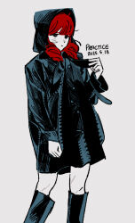  2025 black_boots black_dress black_eyes black_hood black_jacket boots character_request copyright_request cowboy_shot dated dress drill_hair hood hood_up jacket looking_at_viewer medium_hair pankepen red_hair simple_background white_background 