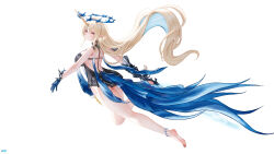  1girl absurdres ass bare_legs bare_shoulders barefoot black_collar black_dress blonde_hair blue_eyes blue_hair breasts closed_mouth collar colored_inner_hair crown_of_thorns dress earrings feet fleurdelys_(wuthering_waves) floating_earrings from_side full_body highres holding holding_sword holding_weapon horns jewelry large_breasts legs long_hair long_horns looking_at_viewer looking_to_the_side multicolored_hair pointy_ears short_dress simple_background single_horn soles solo sword toes very_long_hair weapon white_background wjy1347193 wuthering_waves yellow_horns 