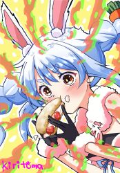  1girl animal_ear_fluff animal_ears bare_shoulders black_gloves black_leotard blue_hair blush braid brown_eyes commentary_request don-chan_(usada_pekora) dress food food_on_face food_request fur-trimmed_gloves fur_trim gloves hands_up highres holding holding_food hololive kiritoma leotard rabbit-shaped_pupils rabbit_ears short_eyebrows signature solo strapless strapless_dress strapless_leotard symbol-shaped_pupils thick_eyebrows twin_braids twintails upper_body usada_pekora usada_pekora_(1st_costume) v-shaped_eyebrows virtual_youtuber white_dress 