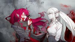  2girls baobhan_sith_(fate) blood blood_on_clothes blood_on_face blood_splatter breasts closed_eyes dress earrings fang fate/grand_order fate_(series) grey_eyes grey_jacket hammer highres holding holding_hammer jacket jewelry morgan_le_fay_(fate) mother_and_daughter multiple_girls open_mouth pink_hair pointy_ears ponytail red_dress shirt smile white_shirt xs0z05wxzb52697 