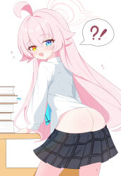  ! !? 1girl ? absurdres ahoge ass black_skirt blue_archive blue_eyes blue_necktie blush book book_stack butt_crack clothes_pull cowboy_shot embarrassed fang flying_sweatdrops from_behind hair_between_eyes hair_flaps hair_intakes halo heterochromia highres hoshino_(blue_archive) huge_ahoge leaning_forward loli long_hair long_sleeves looking_at_viewer looking_back necktie open_mouth pink_halo plaid_clothes plaid_skirt shirt simple_background skirt skirt_pull small_sweatdrop solo spoken_exclamation_mark spoken_question_mark sweatdrop ttriwk very_long_hair white_background white_shirt yellow_eyes 