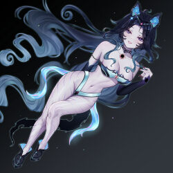  1girl absurdres ahoge black_eyes black_hair black_hole black_shoes black_sleeves breasts bright_pupils cat_girl cat_tail cleavage collarbone commission detached_sleeves fingernails fufu_(vtuber) gradient_hair grey_hair highres indie_virtual_youtuber linea_alba lips long_hair multicolored_hair navel pale_skin red_nails second-party_source sharp_fingernails shoes solo tail virtual_youtuber white_pupils wonnikon 