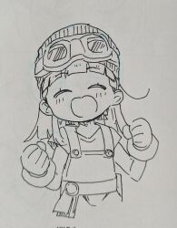  1girl :d ^_^ blunt_bangs blush braid clenched_hands closed_eyes commentary_request corrupted_twitter_file facing_viewer goggles goggles_on_head greyscale hatching_(texture) highres kachimachi_kosuzu linear_hatching lineart link!_like!_love_live! love_live! massigura monochrome open_mouth overalls pen_(medium) side_ahoge side_braids smile solo traditional_media virtual_youtuber 