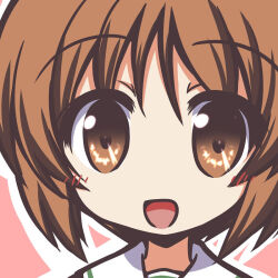  1girl blush brown_eyes brown_hair chibi deformed eyes_visible_through_hair fictional_sister girls_und_panzer green_skirt hair_between_eyes neckerchief nishizumi_miho no_nose ooarai_school_uniform open_mouth pink_background sailor_collar school_uniform serafuku shirt short_hair simple_background skirt smile solo upper_body white_sailor_collar white_shirt 