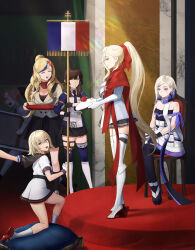  6+girls akigumo_(kancolle) beret black_gloves black_skirt blonde_hair blue_eyes blue_hair blue_hairband blue_necktie blue_ribbon blue_streaks blue_thighhighs blunt_sidelocks boots breasts brown_hair closed_eyes commandant_teste_(kancolle) dress elbow_gloves freckles french_flag gloire_(kancolle) gloves gradient_hair gradient_scarf green_eyes hair_between_eyes hair_ribbon hairband hat high_heel_boots high_heels highres jean_bart_(kancolle) kantai_collection kneeling langley_(kancolle) large_breasts long_hair miniskirt mogador_(kancolle) mole mole_under_eye multicolored_hair multicolored_scarf multiple_girls necktie odachu one_eye_closed plaid_clothes plaid_scarf pleated_skirt ponytail red_streaks ribbon richelieu_(kancolle) richelieu_deux_(kancolle) scarf short_hair sidelocks sitting skirt standing strapless strapless_dress streaked_hair thighhighs wavy_hair white_boots white_gloves white_streaks white_thighhighs 