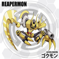  circle d_sandy digimon digimon_(creature) gokumon highres horns scythe sharp_teeth skull solo teeth 