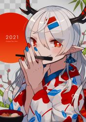  1girl 2021 absurdres bright_pupils chopsticks dragon_girl earrings grey_hair hair_ornament hairclip happy_new_year highres horns japanese_clothes jewelry katsu_(katsupainter) kimono long_hair long_sleeves looking_at_viewer multicolored_kimono new_year original pointy_ears red_eyes sarusawa_ikue solo upper_body white_kimono white_pupils 