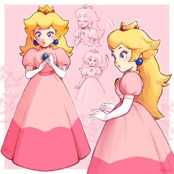  1girl blonde_hair blue_eyes crown dress earrings elbow_gloves gloves highres jewelry long_dress long_hair looking_at_viewer mario_(series) multiple_views nintendo pink_dress princess_peach puffy_short_sleeves puffy_sleeves rubi_arts short_sleeves sphere_earrings super_mario_64 white_gloves 