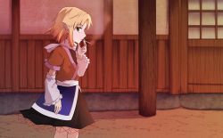  1girl arm_warmers black_shirt black_skirt blonde_hair brown_jacket cigarette commentary_request cookie_(touhou) feet_out_of_frame green_eyes highres jacket joker_(cookie) looking_at_viewer looking_to_the_side mizuhashi_parsee multicolored_jacket open_mouth parted_bangs pointy_ears sash scarf shirt short_hair skirt smoking solo touhou white_sash white_scarf yan_pai  rating:Sensitive score:5 user:danbooru