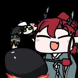  1boy animated animated_gif arknights chinese_commentary chongyue_(arknights) closed_eyes commentary_request dragon_boy dragon_bubble_(arknights) dragon_horns dusk_(arknights) fang fire holding horns ling_(arknights) lowres nian_(arknights) pointy_ears red_hair seseren shu_(arknights) simple_background skin_fang solo transparent_background yu_(arknights) 