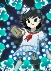  1girl absurdres anchor anchor_symbol aqua_eyes black_background black_hair blush_stickers collared_shirt danmaku feet_out_of_frame hat henkatakari highres holding holding_ladle ladle mini_hat murasa_minamitsu neckerchief red_neckerchief sailor_hat shirt short_hair short_sleeves shorts smile socks solo spell_card touhou white_hat white_shirt white_shorts white_socks zun_(style) 
